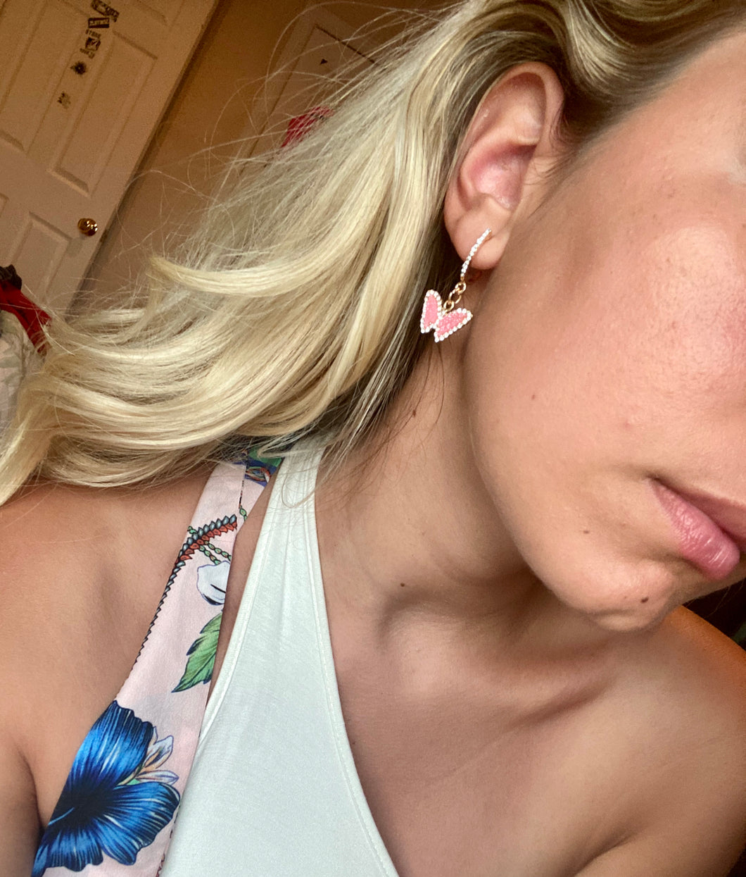 Pink Rhinestone Butterfly Earrings